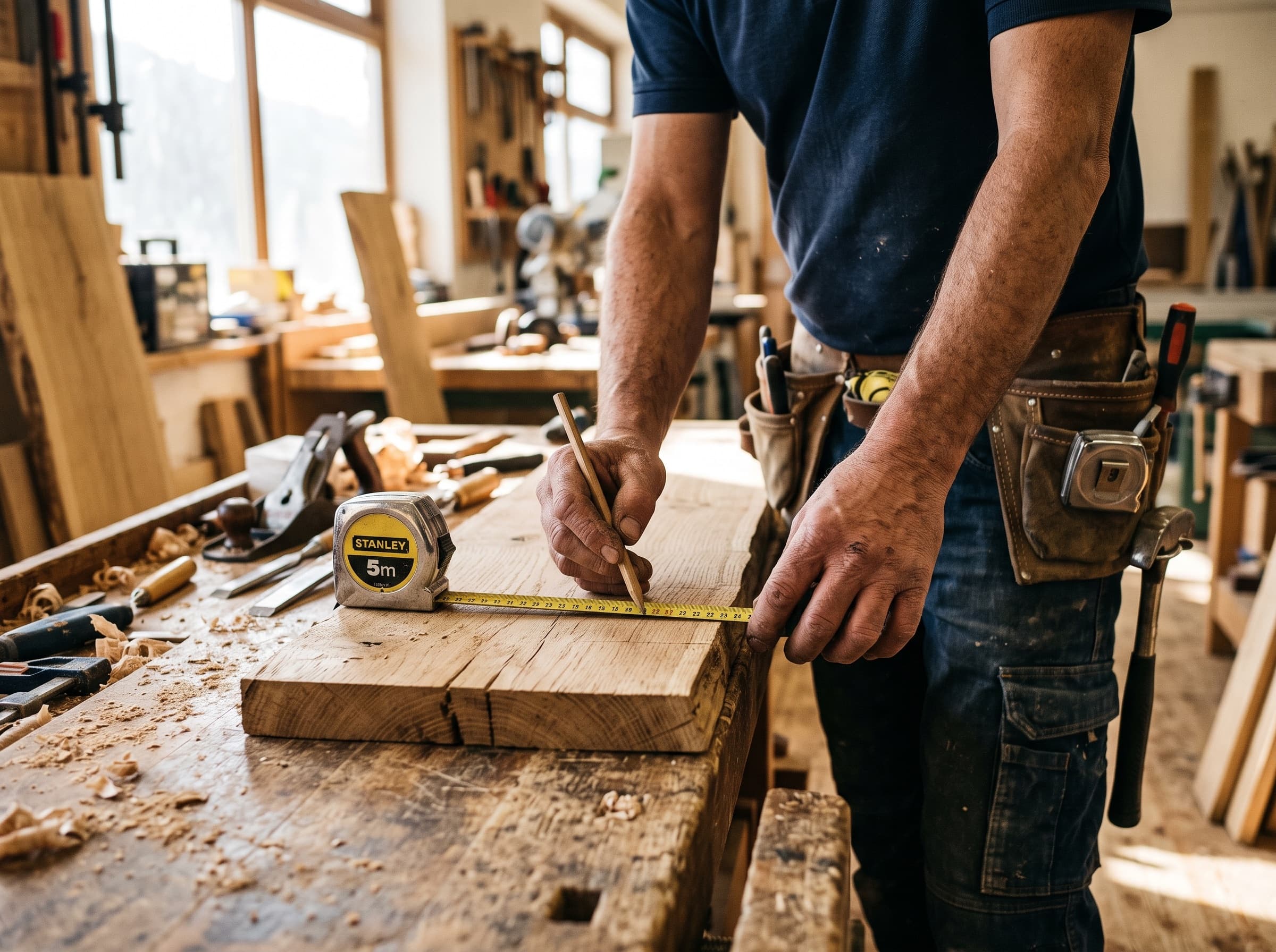 Carpenter marking an oak board with a pencil and tape measure