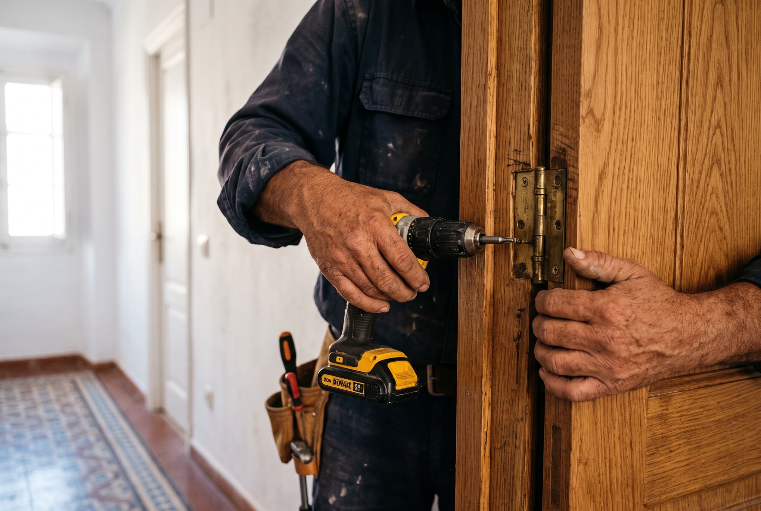 Fixing a door hinge with a cordless drill