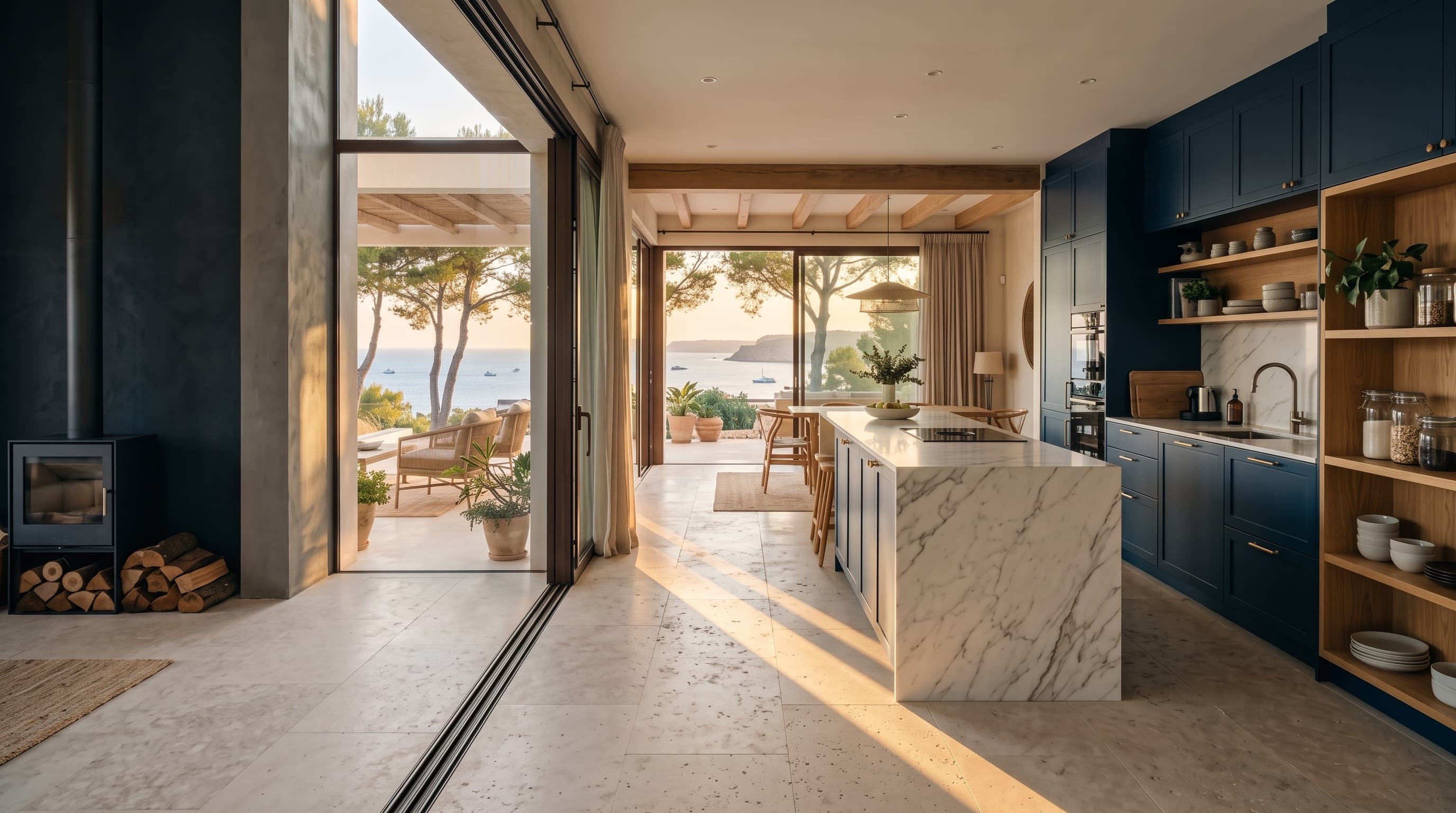 Open-plan kitchen with a navy island in a Jávea villa, glass doors open to the terrace and the sea
